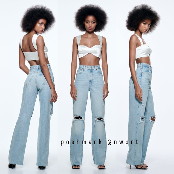 Zara Denim - ZARA ❥ High Rise Loose Fit Ripped Wide Leg Jeans Distressed Light Blue 24 34 2 0